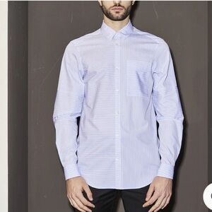 Les Hommes Button Down Cotton Shirt in Feather Print Navy Blue and White size 52